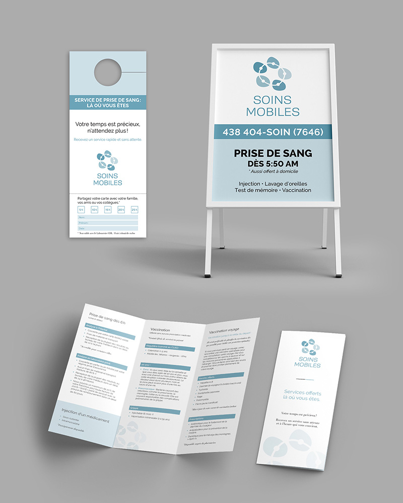Dépliant, carton promotionnel et affichage pour Soins mobiles